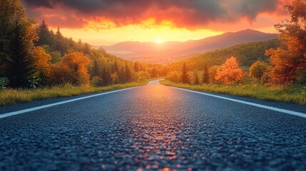 Aufkleber - A winding road stretches ahead as the sun sets, casting a warm glow over the mountains and vibrant autumn trees lining the route