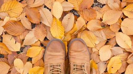 Two brown boots are on the ground in a forest