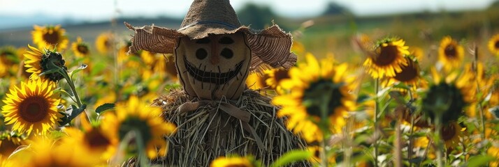 Poster - Scarecrow in a field of sunflowers