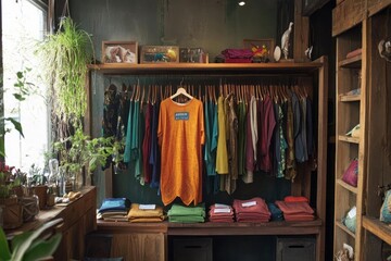 An ethical fashion boutique showcasing sustainable clothing, fair trade and eco-friendly materials, responsible consumer choices