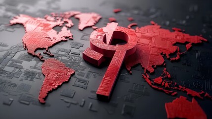 Poster - A 3D World Map Where Wealth Flows Toward a Dominant Chinese Yuan Symbol Leaving Other Continents in Shadow