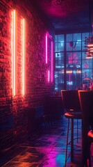 Sticker - Neon Lights Illuminate a Brick Wall and Bar Interior