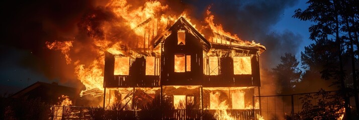 Wall Mural - A two-story house completely consumed by flames.