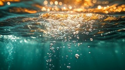 Poster - bubbles rising in water illuminated by warm light during twilight near the surface