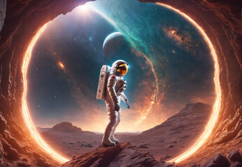 astronaut standing on rocky surface gazing at cosmic wonders beyond portal in outer space