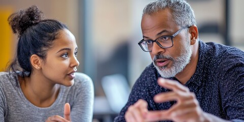 Two educators in a close-up shot deeply engaged in discussion over curriculum notes in a bright classroom their focused expressions and hands gesturing passionately