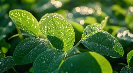 This stunning and captivating closeup view showcases lush soybean leaves, each adorned with glistening morning dew, emphasizing the vibrant green hues and the unmistakable freshness of nature