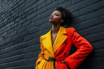 Model wearing bold and contrasting colors against a black brick wall