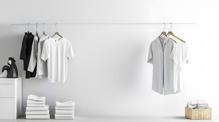 neatly ironed clothes hang in a sleek, modern laundry space.