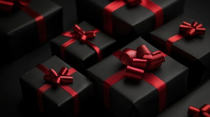 many black gift boxes with red ribbons and bows, on a black background, Black Friday, concept of discounts and sales on Black Friday