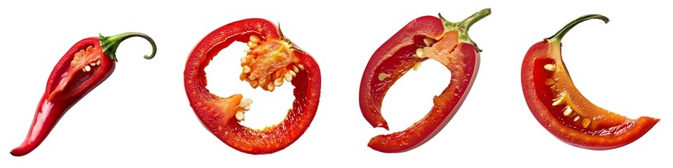 Macro shot of a ripe red chili pepper slice, isolated on a white background for clipping