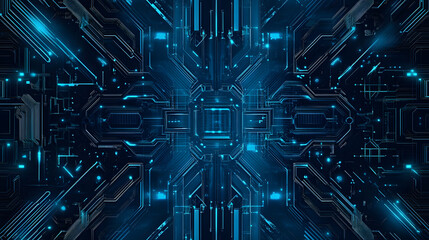 Poster - Futuristic circuit board design with glowing blue lights and intricate patterns.