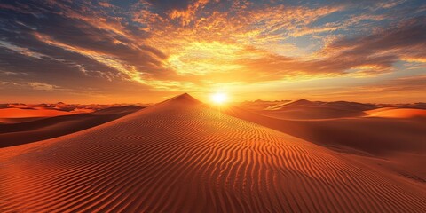 A vast desert landscape at sunset, with dramatic sand dunes casting long shadows and a golden sky above