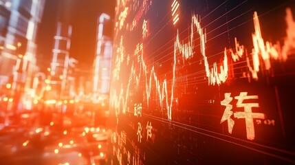 Poster - Declining Market Graph with Emerging Chinese Symbols Depicting Economic Transformation