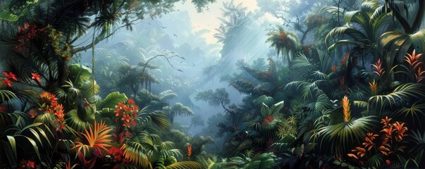 Wall Mural - Watercolor pattern wallpaper. Painting of a lush, green jungle landscape. Tropical rainforest background. 