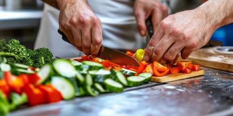 A close-up of two hands slicing fresh vegetables on a cutting board in a professional kitchen precise cuts and focused attention to detail