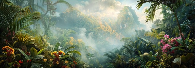 Wall Mural - Watercolor pattern wallpaper. Painting of a lush, green jungle landscape. Tropical rainforest background. 