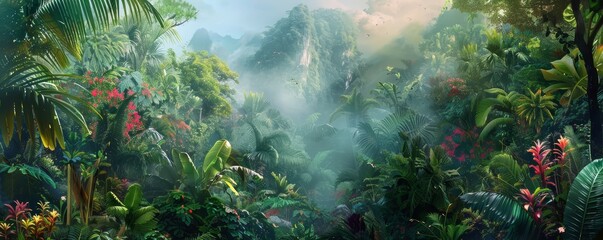 Wall Mural - Watercolor pattern wallpaper. Painting of a lush, green jungle landscape. Tropical rainforest background. 