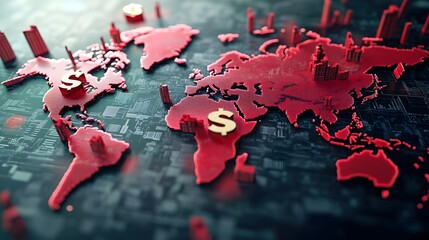 Aufkleber - Digital 3D World Map with Towering Chinese Yuan Symbols Representing Global Trade Dynamics