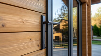 Wall Mural - Plastic glass door with a handle in gray lamination on the wall of a wooden house , ai