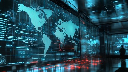 Poster - a digital world map display in a high-tech control room during nighttime with glowing data screens a