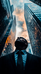 Wall Mural - Businessman in a modern urban landscape buildings