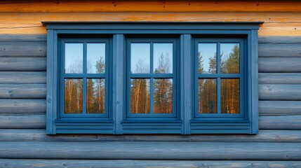 Plastic windows in gray lamination on the wall of a wooden house , ai