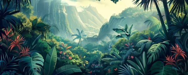 Wall Mural - Watercolor pattern wallpaper. Painting of a lush, green jungle landscape. Tropical rainforest background. 