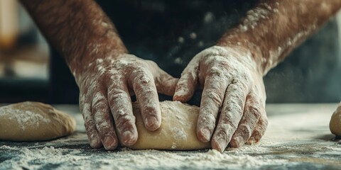 Two hands in a close-up shot expertly rolling dough on a floured surface in a rustic kitchen focused attention on the task with flour dusting the scene