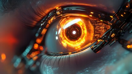 Poster - Futuristic 3D of Cybernetic Human Eye with Mechanical Components and Glowing Lights