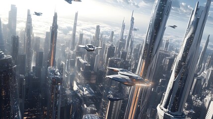 Poster - Futuristic Cityscape with Sleek Skyscrapers and Flying Vehicles
