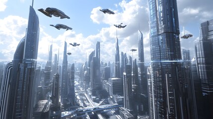 Poster - Futuristic Cityscape with Sleek Skyscrapers and Flying Vehicles