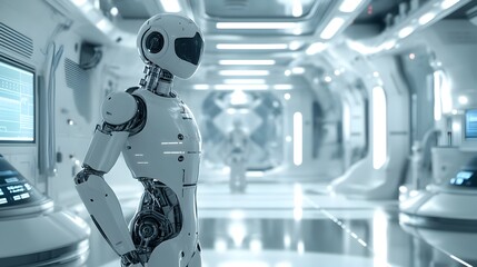 Fototapete - Futuristic Robot Standing in High Tech Laboratory