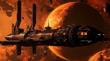Fototapete - Futuristic Space Station Orbiting a Distant Planet in 3D Visualization