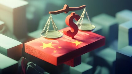 Poster - Heavily Tilting Chinese Yuan Scale Symbolizing Trade Deficit Financial Visualization