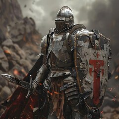 Armored warrior using a portable shield and advanced weaponry, military, defense and offense