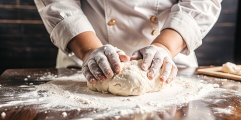 Hands kneading dough on floured wooden table. Close-up of baker's hands kneading and shaping a mound of raw dough on a floured wooden table. 