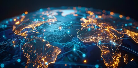 Wall Mural - global network connectivity on digital world map a digital representation of a world map with glowin