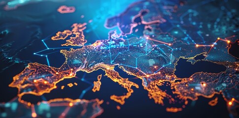 Wall Mural - global network connectivity on digital world map a digital representation of a world map with glowin