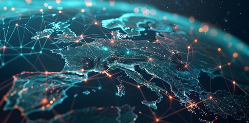 Wall Mural - global network connectivity on digital world map a digital representation of a world map with glowin