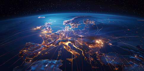 Wall Mural - global network connectivity on digital world map a digital representation of a world map with glowin