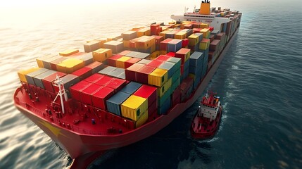 Fototapete - Large Cargo Ship Filled with Chinese Flagged Containers Smaller Ship on Opposite Side