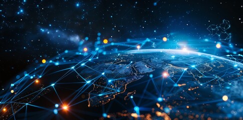 Wall Mural - global network connectivity on digital world map a digital representation of a world map with glowin