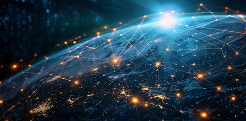 Wall Mural - global network connectivity on digital world map a digital representation of a world map with glowin