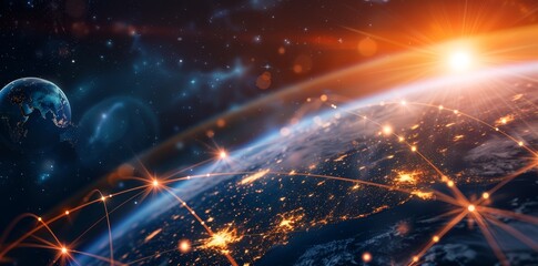 Wall Mural - global network connectivity on digital world map a digital representation of a world map with glowin
