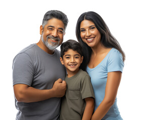 hispanic family of smiling and happy parents and son, isolated on transparent background, cut out
