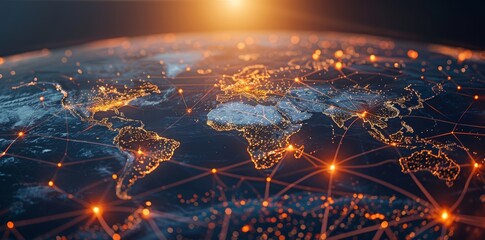 Wall Mural - global network connectivity on digital world map a digital representation of a world map with glowin