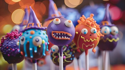 A group of Halloween themed candy with spooky faces on them. The candies are decorated with purple frosting and have a creepy look to them