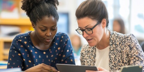 Aufkleber - A close-up of two teachers engaged in a passionate discussion over a tablet in a well-lit classroom their expressions reflecting commitment to teaching