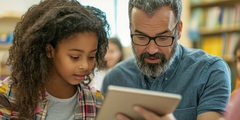 Aufkleber - A close-up of two teachers engaged in a passionate discussion over a tablet in a well-lit classroom their expressions reflecting commitment to teaching